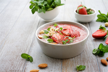 Breakfast with Smoothie bowl on the table. Cozy breakfast, Healthy lifestyle, healthy eating, dieting concept 