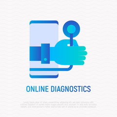 Online diagnostics gradient flat icon: hand with stethoscope from screen of smartphone. Modern vector illustration of online medical consultant.