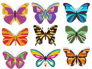 Fototapeta na wymiar isolated, set of multicolored butterflies