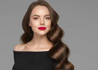 Beautiful hair woman long brunette hairstyle female healthy skin beauty makeup cosmetic concept