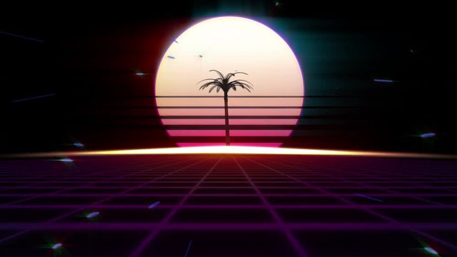 80s Retro Futurism Background. Palm tree on the background of the sunset or dawn of the sun.