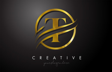 T Golden Letter Logo Design with Circle Swoosh and Gold Metal Texture