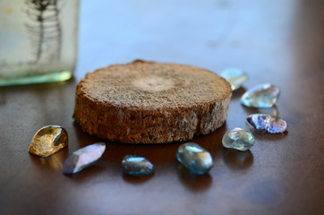 Beautiful, sparkling healing crystals. Witchy crystal grid, wiccan alter set up. Healing energy, shot in natural lighting with low exposure. Crystal Grid, sacred space. Bohemian decorations, romantic 