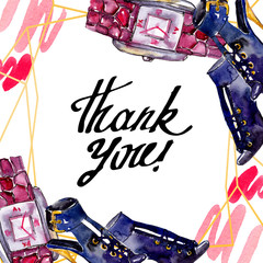 Parfume, watch, shoes and bag sketch fashion glamour illustration in a watercolor style. Aquarelle...