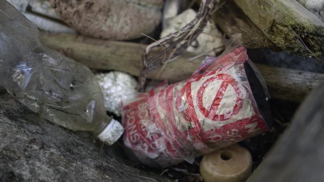 The driftwood and plastic bottles