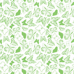 Spring green fresh butterfly silhouette texture on white background. Seamless vector pattern.