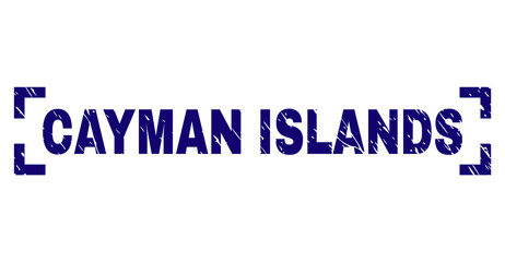 CAYMAN ISLANDS caption seal print with grunge texture. Text title is placed between corners. Blue vector rubber print of CAYMAN ISLANDS with scratched texture.
