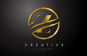 Z Golden Letter Logo Design with Circle Swoosh and Gold Metal Texture - obrazy, fototapety, plakaty