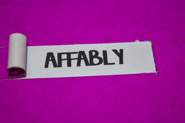 Affably text, Inspiration and positive vibes concept on purple torn paper