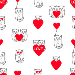 Seamless pattern with cute cats and hearts.