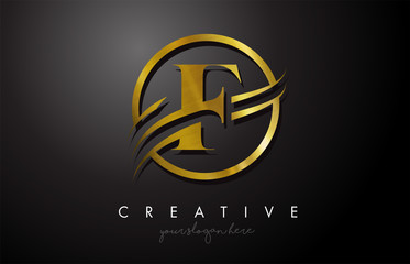 F Golden Letter Logo Design with Circle Swoosh and Gold Metal Texture