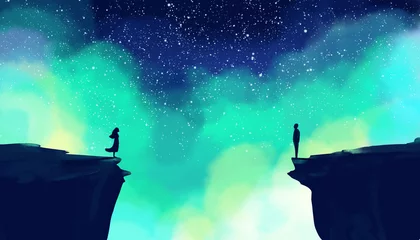 Fotobehang Een man en een vrouw staan op de rotsen, de een tegenover de ander. Silhouetten van een man en een vrouw tegen een stellaire blauwe hemel. Digitale tekening © jenteva