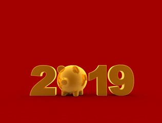 Happy chinese new year 2019 Zodiac sign with golden pig and coins flying / 3D illustration