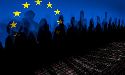 LoLot of people shadows against European flagged screen