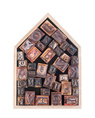 House with wooden block letters isolated on white background 