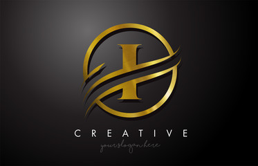 I Golden Letter Logo Design with Circle Swoosh and Gold Metal Texture
