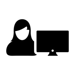 Employee icon vector female person user with computer monitor screen avatar in flat color in Glyph Pictogram Symbol illustration
