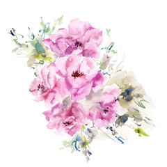 Watercolor pink flowers. Floral bouquet. Floral background. Peonies. Floral greeting card.