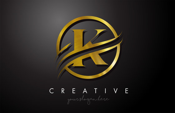 K Golden Letter Logo Design with Circle Swoosh and Gold Metal Texture