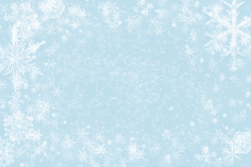 Abstract christmas background - glitter and snowflakes frame on blue background, with copy space