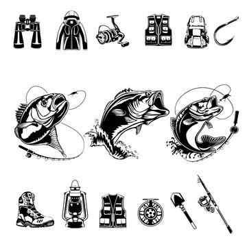 Fishing set. Camping theme. Bass fish. Recreation symbols collection. Equipment for rest. Fishing tools vector illustration.