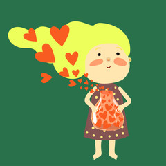 Happy Valentine day greeting card with cute girl holding glass jar full of hearts.