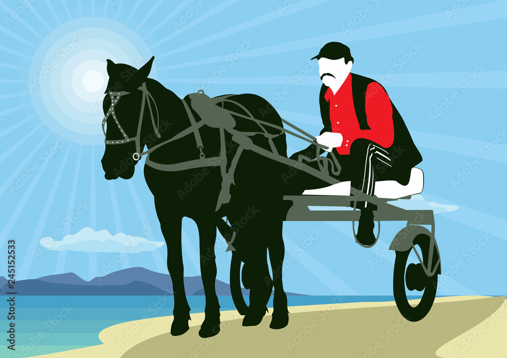 Wall mural Sporting a horse-drawn cart. Silhouette of an athlete on the cart driving a horse.