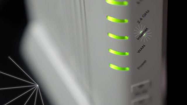 Internet modem is switched on. The lines and lights on the modem router. New technologies. 4K