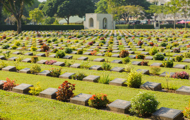 KANCHANABURI, THAILAND - November 25, 2018: The Kanchanaburi War Cemetery (don rak)cemetery for victims of Japanese imprisonment while building the Burma Railway