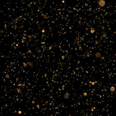 Fototapeta na wymiar Abstract gold sparkle shine light confetti bokeh on glittering black background. Luxury shimmer texture template. EPS 10