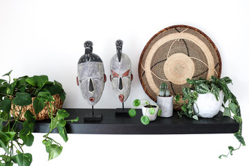 Black shelf with a pilea plant, a cactus and a group of other various house plants and African Art 