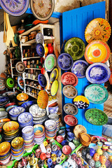 Colorful dish souvenirs for sale in a shop in Morocco