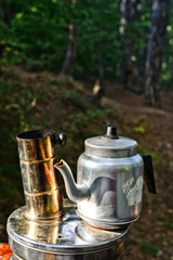 Old tea samovar urn close up view