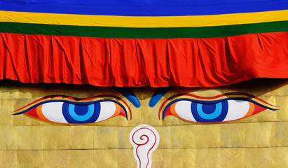 Buddhist temple with painted eyes. Buddha eyes on stupa of the Nepal temple - obrazy, fototapety, plakaty