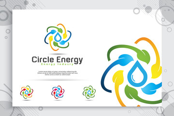 Energy leaf vector logo with a modern circle design concept, illustration of natural leaf recycling for energy renewal and industrial company