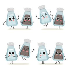 Salt and pepper shakers. Cute spice vector character set isolated on white