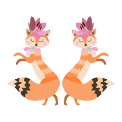 Foxes - fashionistas are dancing. Isolated on white background in vector. Beautiful greeting card for children.