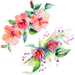 Red, yellow and orange flower bouquets. Watercolor background illustration set. Isolated bouquet illustration element.