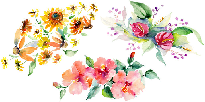 Red, yellow and orange flower bouquets. Watercolor background illustration set. Isolated bouquet illustration element.