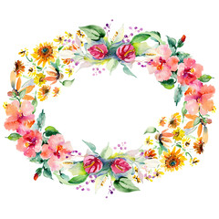 Red, yellow and orange flower bouquets. Watercolor background illustration set. Frame border ornament square.