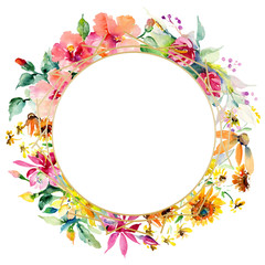 Red, yellow and orange flower bouquets. Watercolor background illustration set. Frame border ornament square.