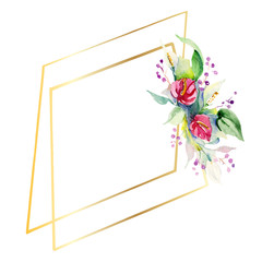 Red, yellow and orange flower bouquets. Watercolor background illustration set. Frame border ornament square.