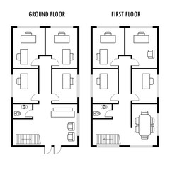 Ground and first floor plan with furniture,