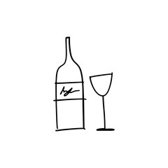 Vector botlle and wine glass, alcohol, line art, doodle, minimalistic picture, poster, postcard