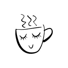 Vector cute cartoon cup of tea or coffee. Line sketch illustration
