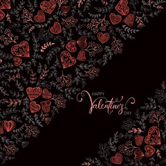 Floral Elements with Red Hearts and Lettering Happy Valentines Day on Black Background