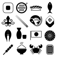 Set of 16 vector icons of Japanese traditional food: sushi, rolls, ramen, miso, yakitori, noodles, shrimp, octopus, salmon, tuna, crab, rice, sake, flag and symbol of Japan. Isolated, flat