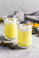 Turmeric whipped cream golden milk. Selective focus, space for text.