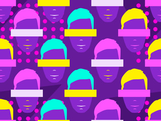 Seamless pattern of male faces with elements of pop art style. Zine culture colorful background. Vector illustration