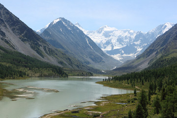 Naklejka na ściany i meble Belukha Mountain, Lake Akkem, Katunsky Ridge, Altai, Russia